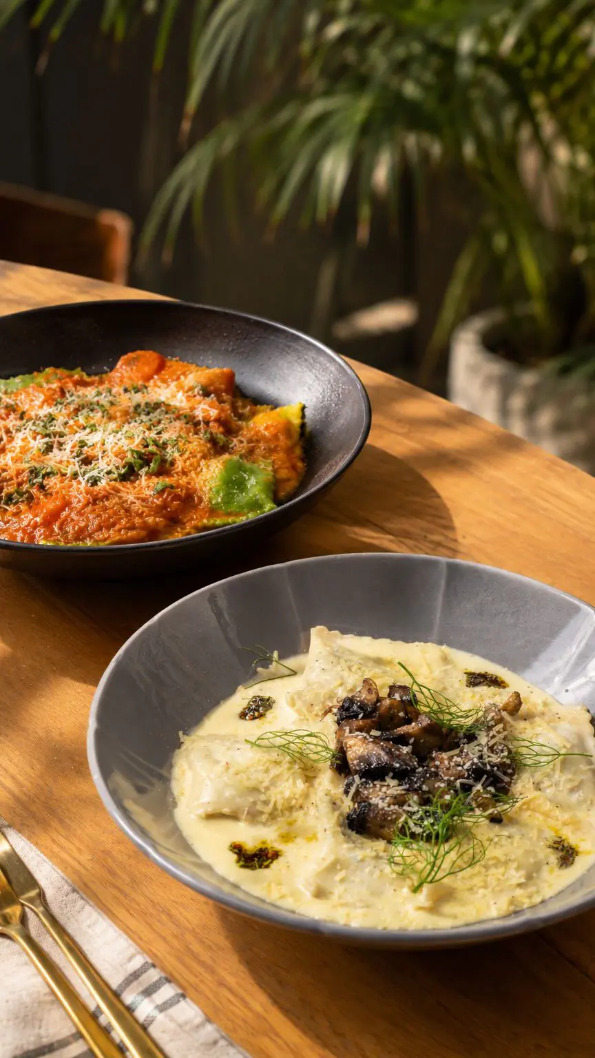 Dos platos de raviolis servidos en una mesa de madera de La Moldería