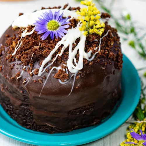 Torta de chocolate con ganache, brownie y flores comestibles